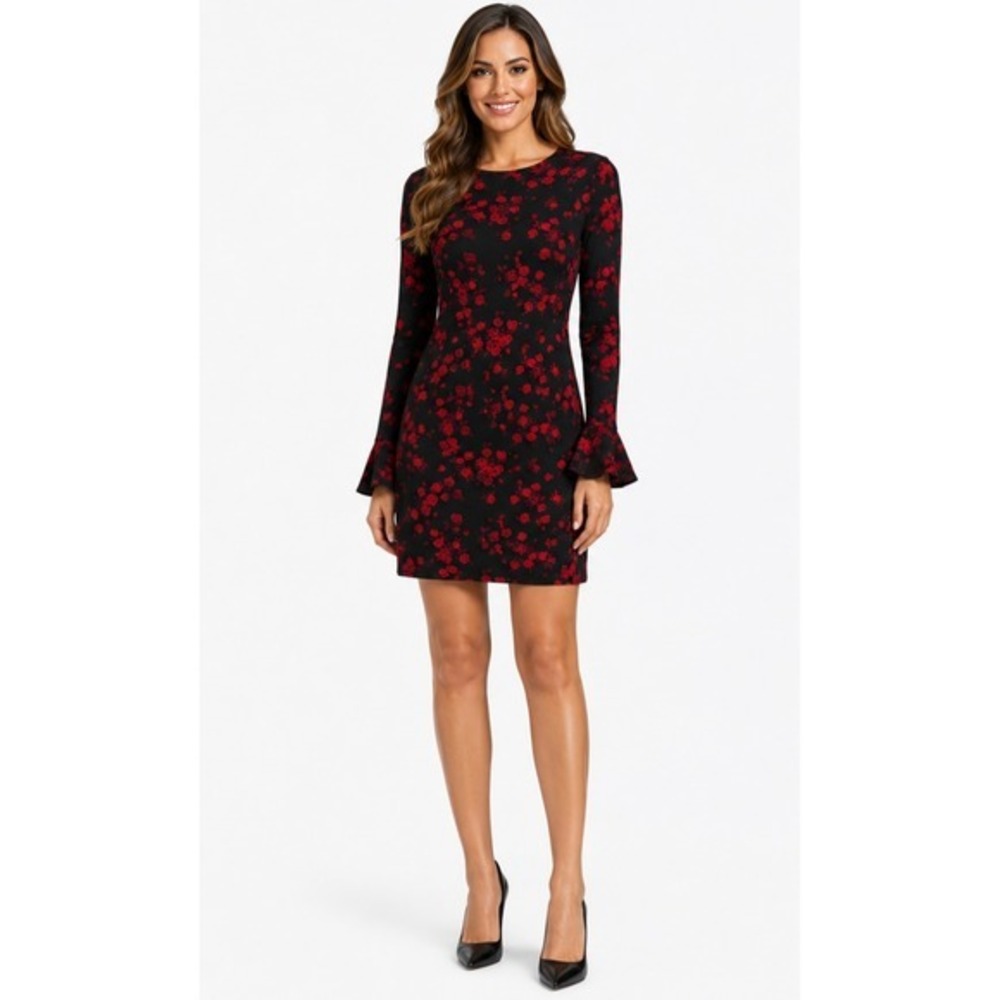 MICHAEL KORS‎ Black Red Floral Long Sleeve Sheath Dress NWT Size Small
